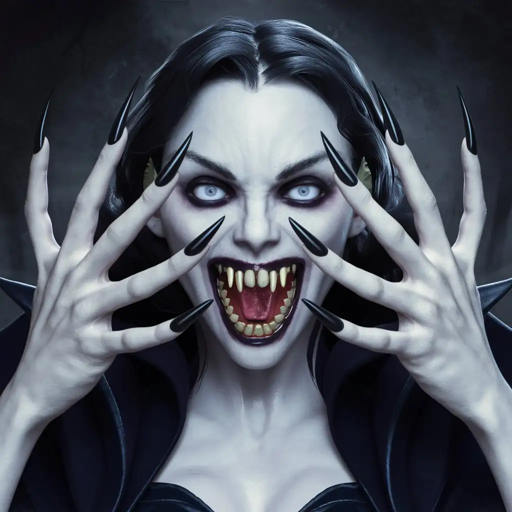 Terrifying Photorealistic Female Vampire with Pointed Teeth and Black Nails in Dark Atmosphere