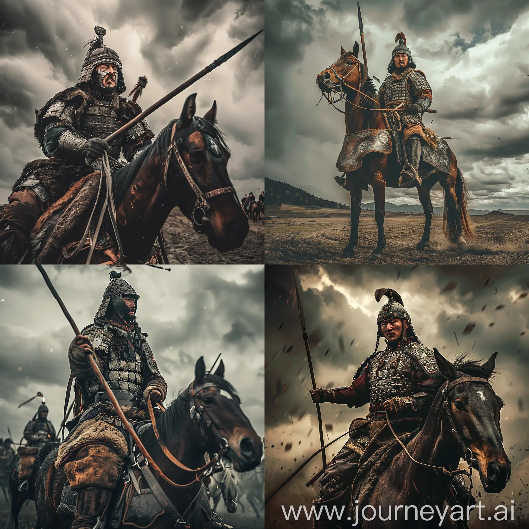 Mongolian keshik warrior on horse at battle field, depicted in heavy mongolian armor and helmet, equipping a spear, dramatic weather, cinematic lighting, realistic image