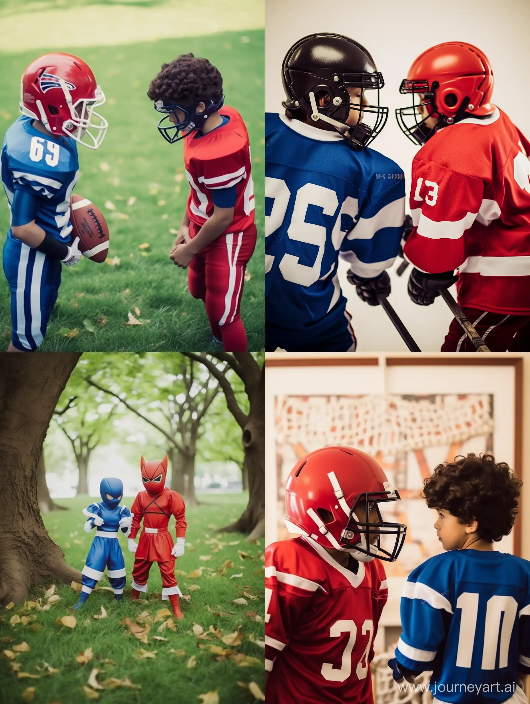 two teams of kids standing againts each other face to face, one team in red  costume and other in blue custome