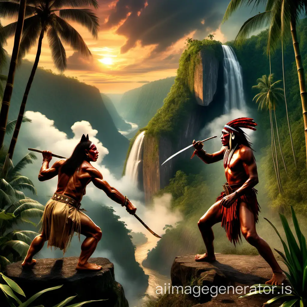 a fight duel scene between native American Indians Chingachgook against Magua from the last of the Mohicans on top of the hill 18th century Dutch East Indies Indonesia Java Island scene palm trees banana trees bamboo trees river waterfall rice field at nightfall sunset dramatic atmosphere, ginger cat watching. a huge eye in the sky in the clouds watching.