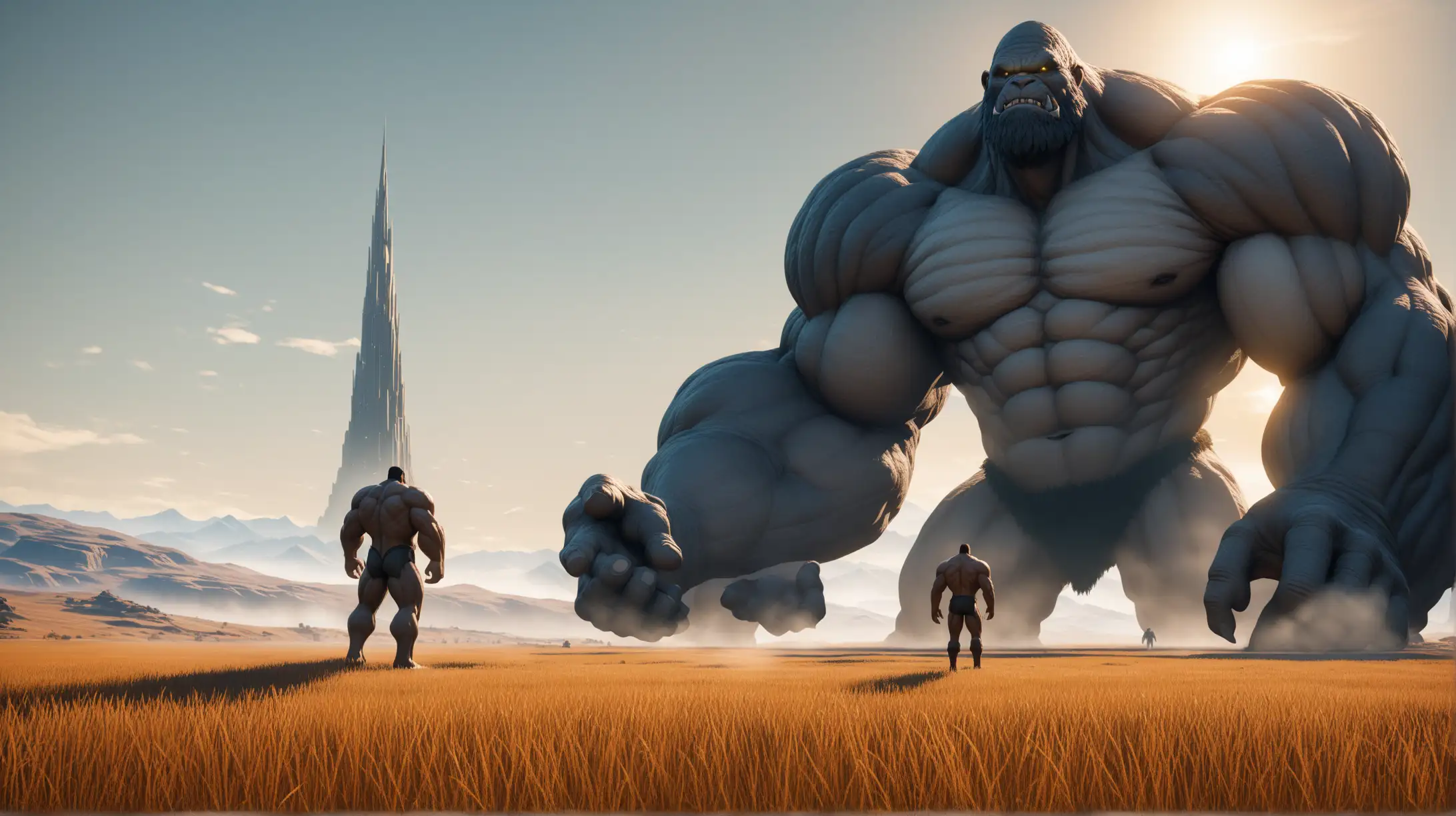 /imagine prompt: 3d animation, personality: Cut to a vast, open field where two enormous giants, Goliath and Og, stand facing each other. Their massive frames tower over the landscape, their eyes locked in a fierce gaze. Unreal engine, hyper real --q 2 --v 5.2 --ar 16:9