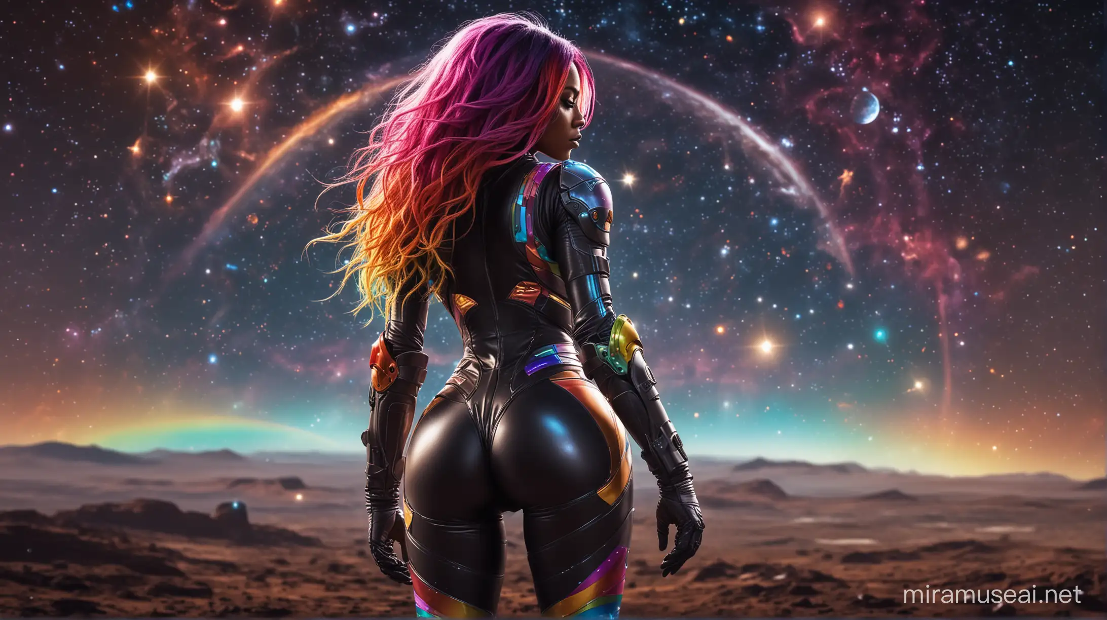 sexy black skin girl, long rainbow hair, wild hair, full body, from behind, round butt, tight spacesuit, armored spacesuit, colorful spacesuit, glowing spacesuit, space, planets, galaxies