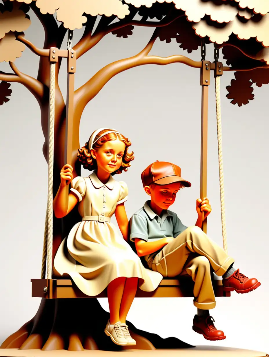 Norman Rockwell Style Painting Children Sitting on Swing Under Tree