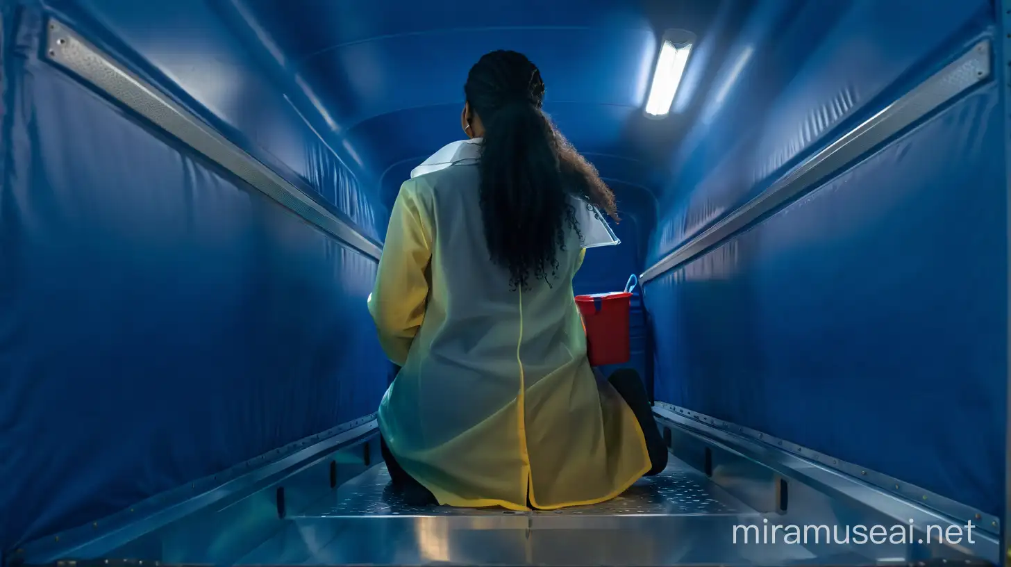 Young Biosynthetic Woman Wearing Lab Coat in Truck