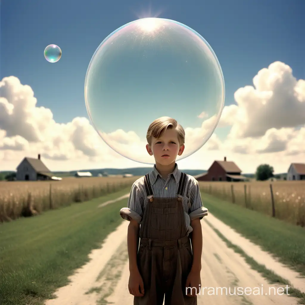 Boy in 1930s Rural America with Mysterious Sky Bubbles