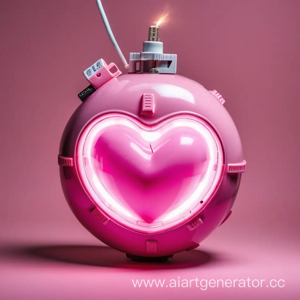 Круглая розовая бомба в виде сердца с горящим наверху фитилём