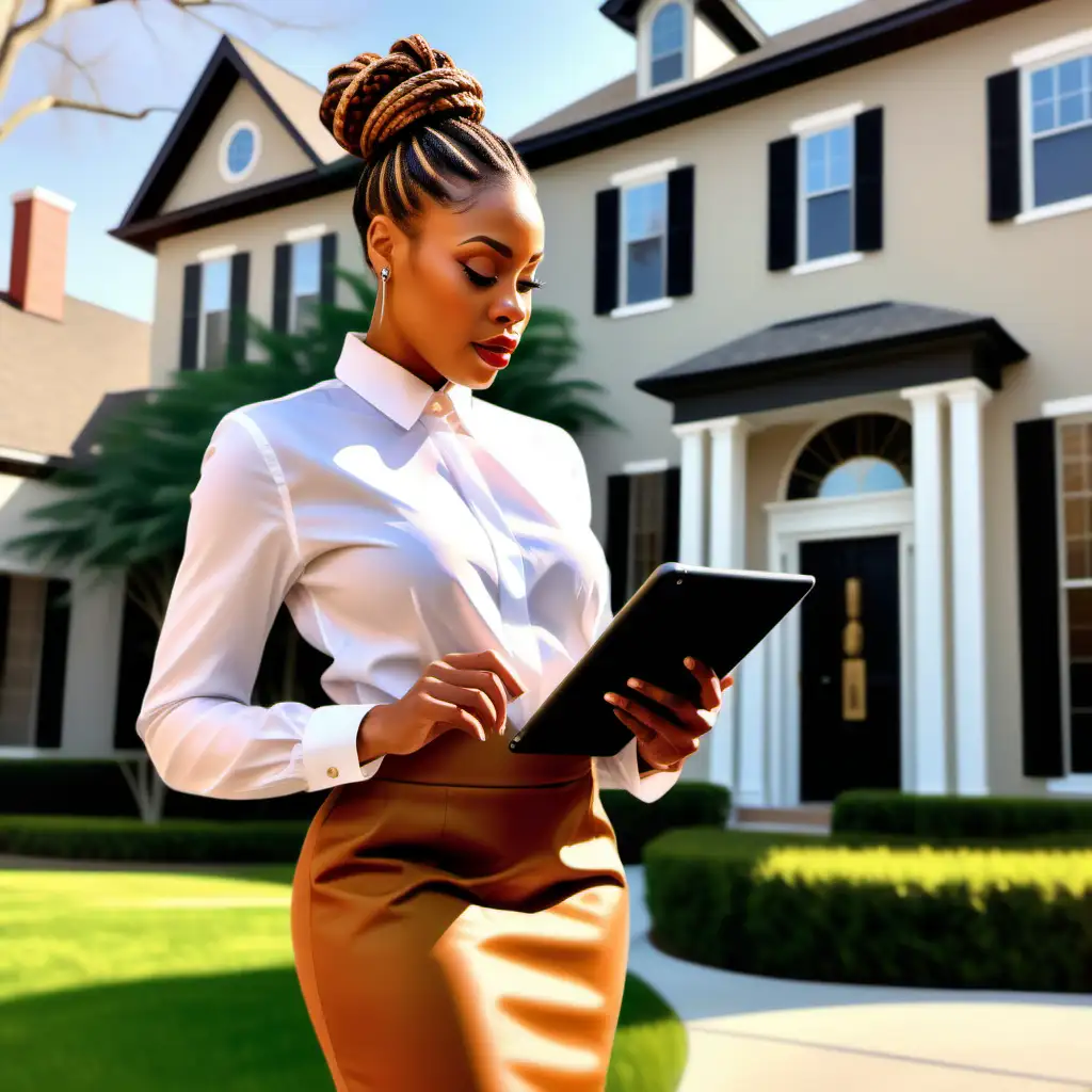 create an oil painting of a beautiful caramel African American female with twists braids in a bun wearing suits skirt with heels talking to clients in front of luxury home she is holding her iPad