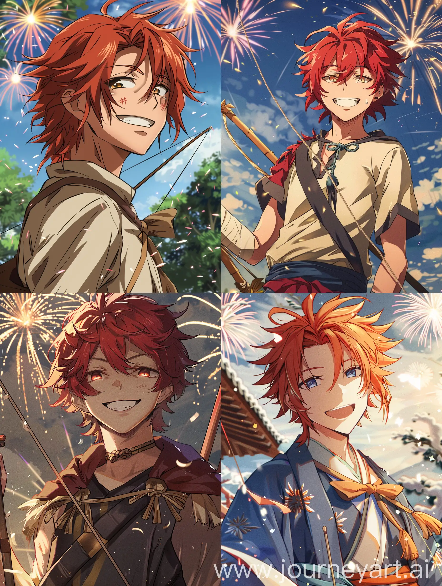 Holiday, fireworks, red-haired young man with a bow smiling, anime style