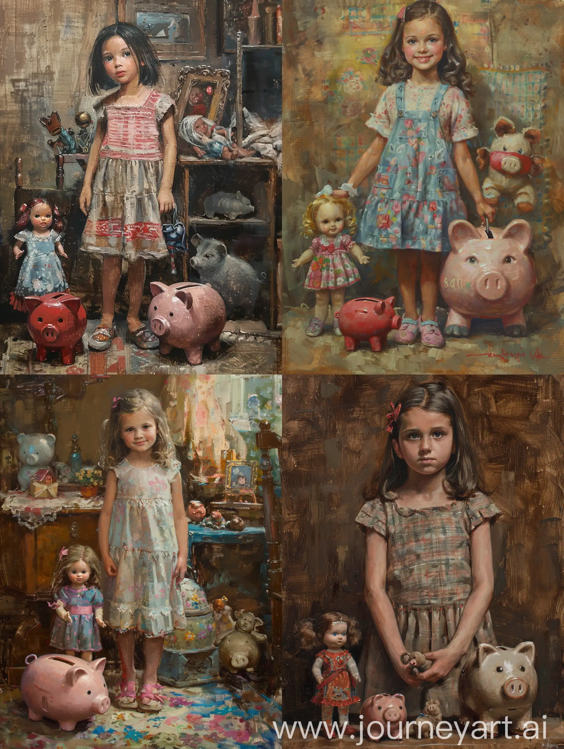 Девочка стоит с куклой и копилкой. Милая, арт, масло, живопись, очарование, стилизация