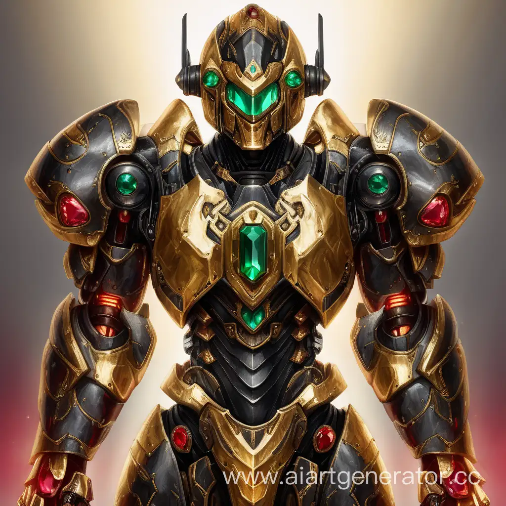 Man in à robot-magical golden and Black stone armor with emerald rubis and red light in his armor