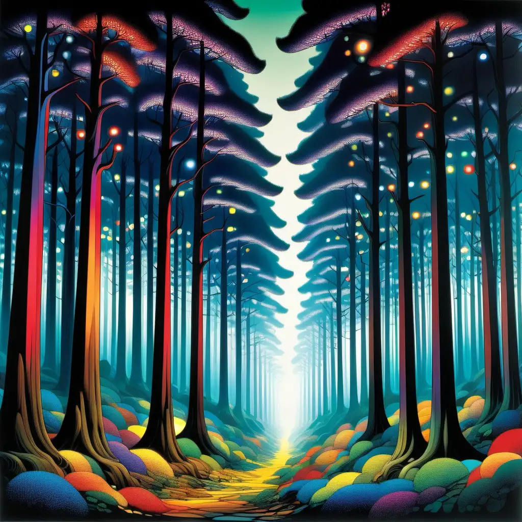 Massive pine forest lit with magical multicolored fairy lights painted by Eyvind Earle