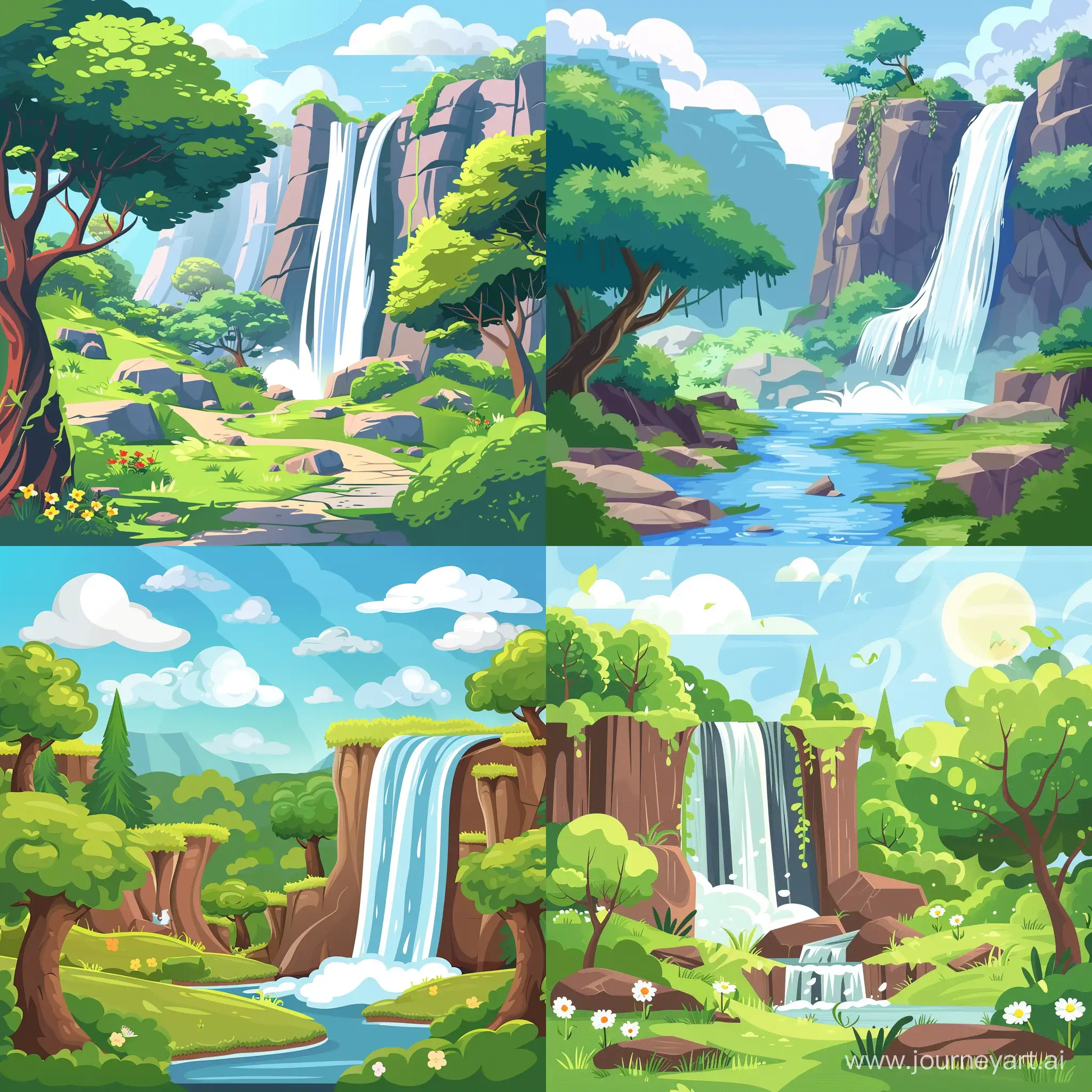 beautiful landscape with waterfall, in cartoon flat style, high quality details