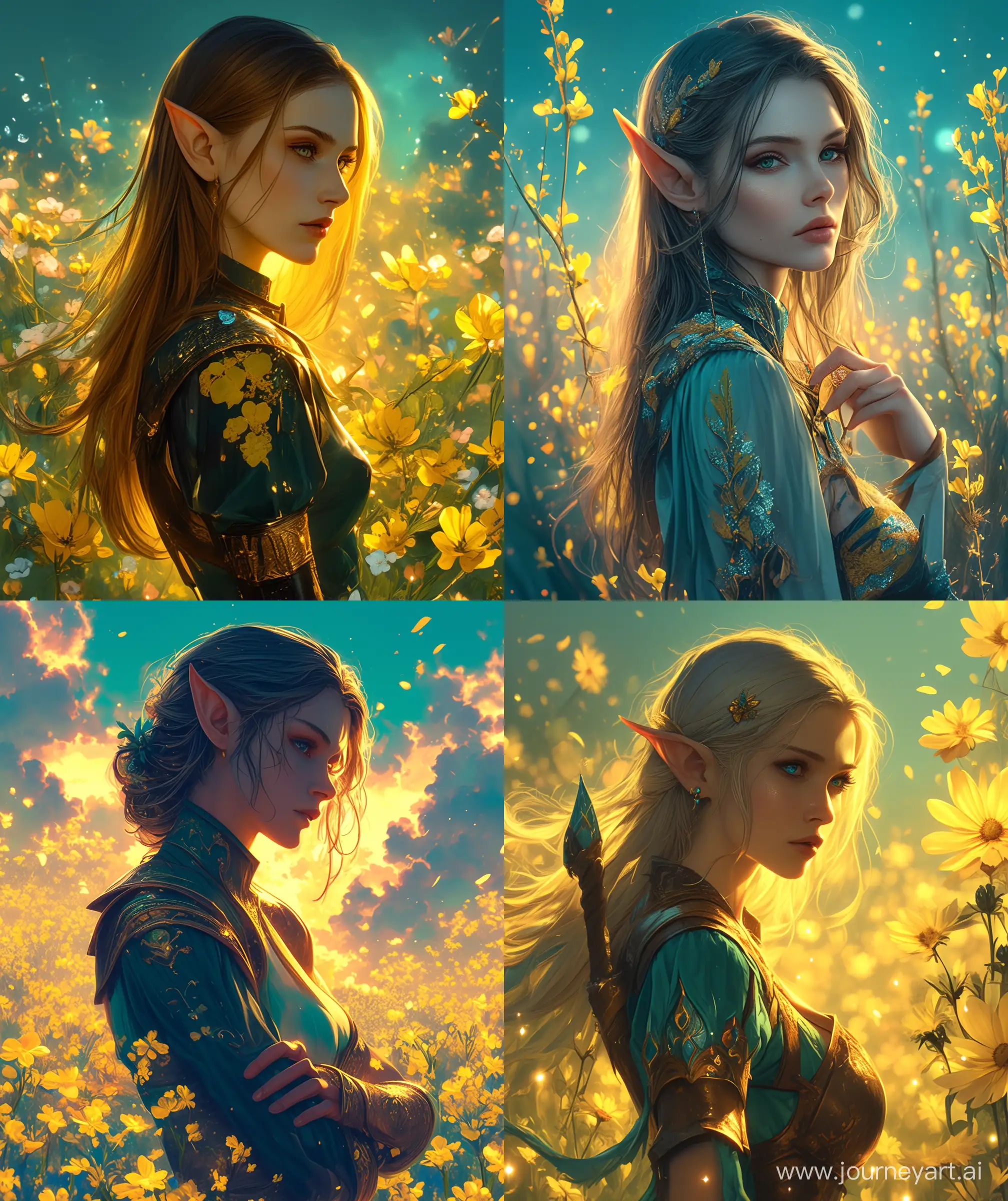 Beautiful woman , elf ,teal and yellow fantasy flower garden , warrior, upper body, ultra hd, high quality, glistening atmosphere, evening time, teal and yellow color style --ar 27:32 --niji 6