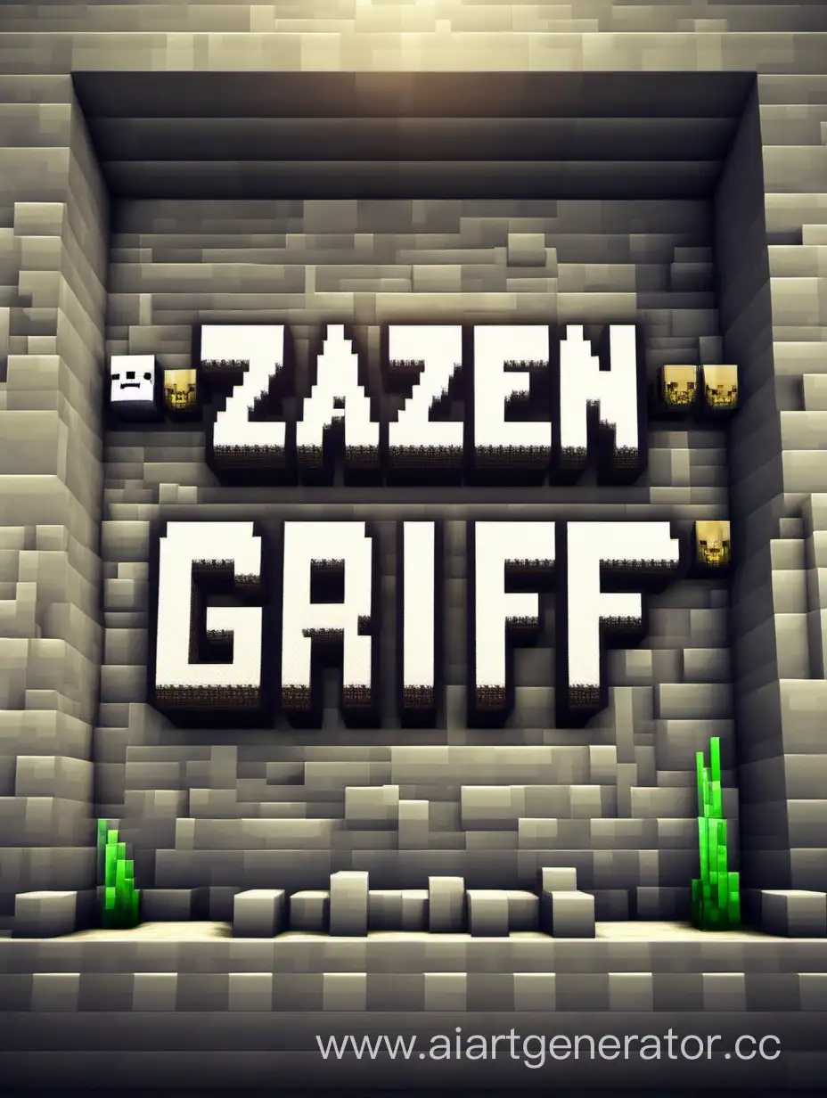 Inscription in stone blocks: "Zazen Grief" in the style of minecraft