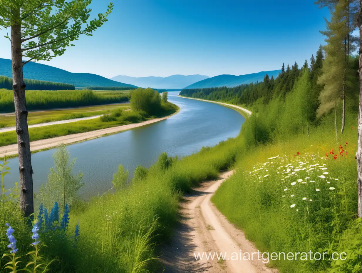 Tranquil-Riverside-Landscape-with-Verdant-Flora-and-Majestic-Mountains