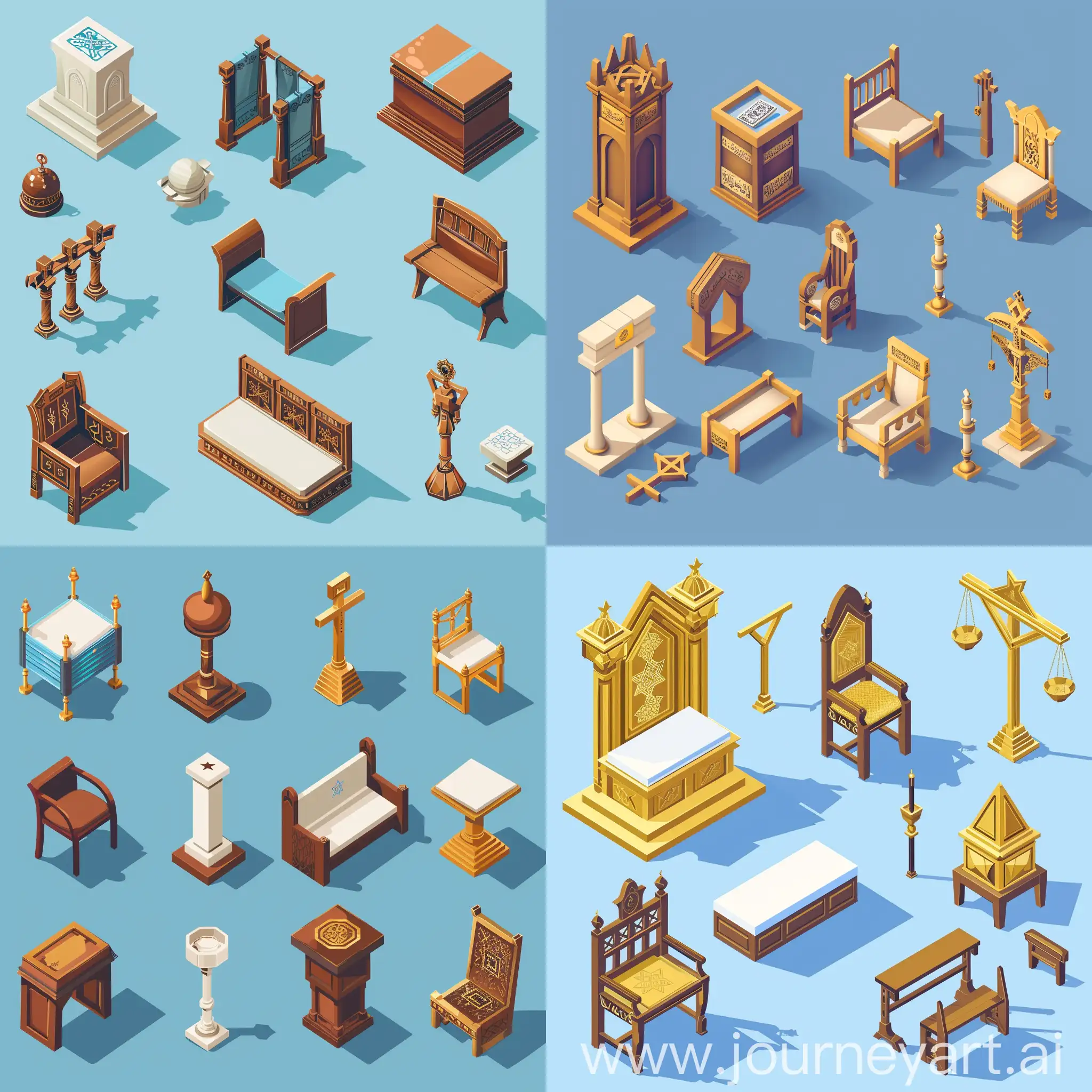 Isometric-Icons-of-Bimah-Aron-Kodesh-Mezuzah-Ner-Tamid-and-Eliyahu-Chair