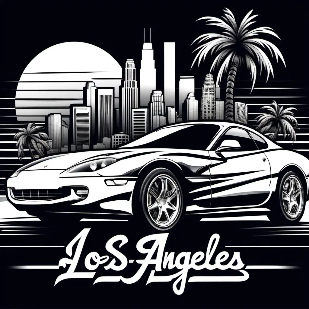 A logo white black background and white letters featuring the Los Angeles skyline as the backdrop, with palm trees swaying in the breeze. In the foreground, a sleek sports car. The car is intricately detailed, showcasing its sleek lines and glossy finish.