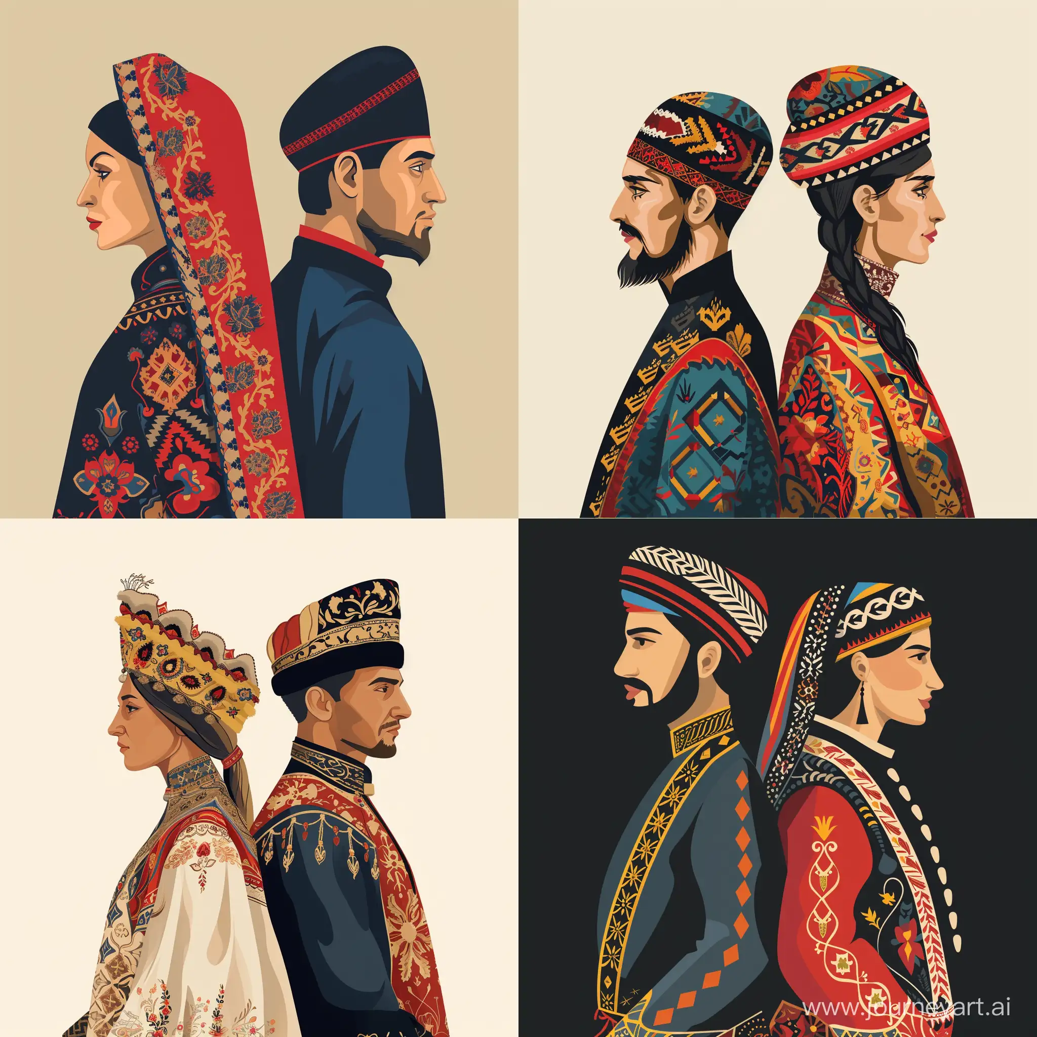 Abkhazian couple man and woman portrait in profile back to back in traditional costumes logo graphics