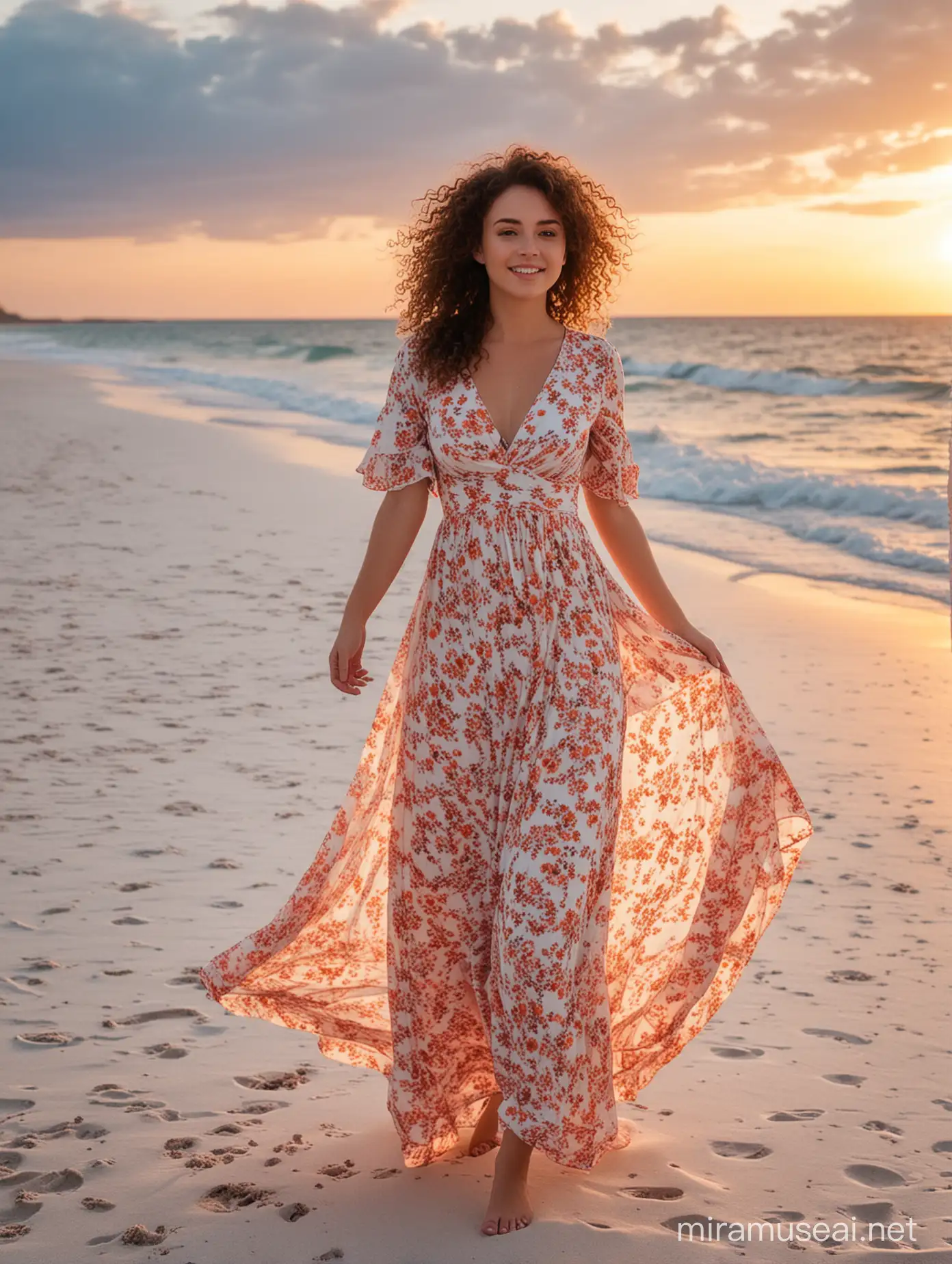 CurlyHaired Girl in Beautiful Dress at Sunset Beach