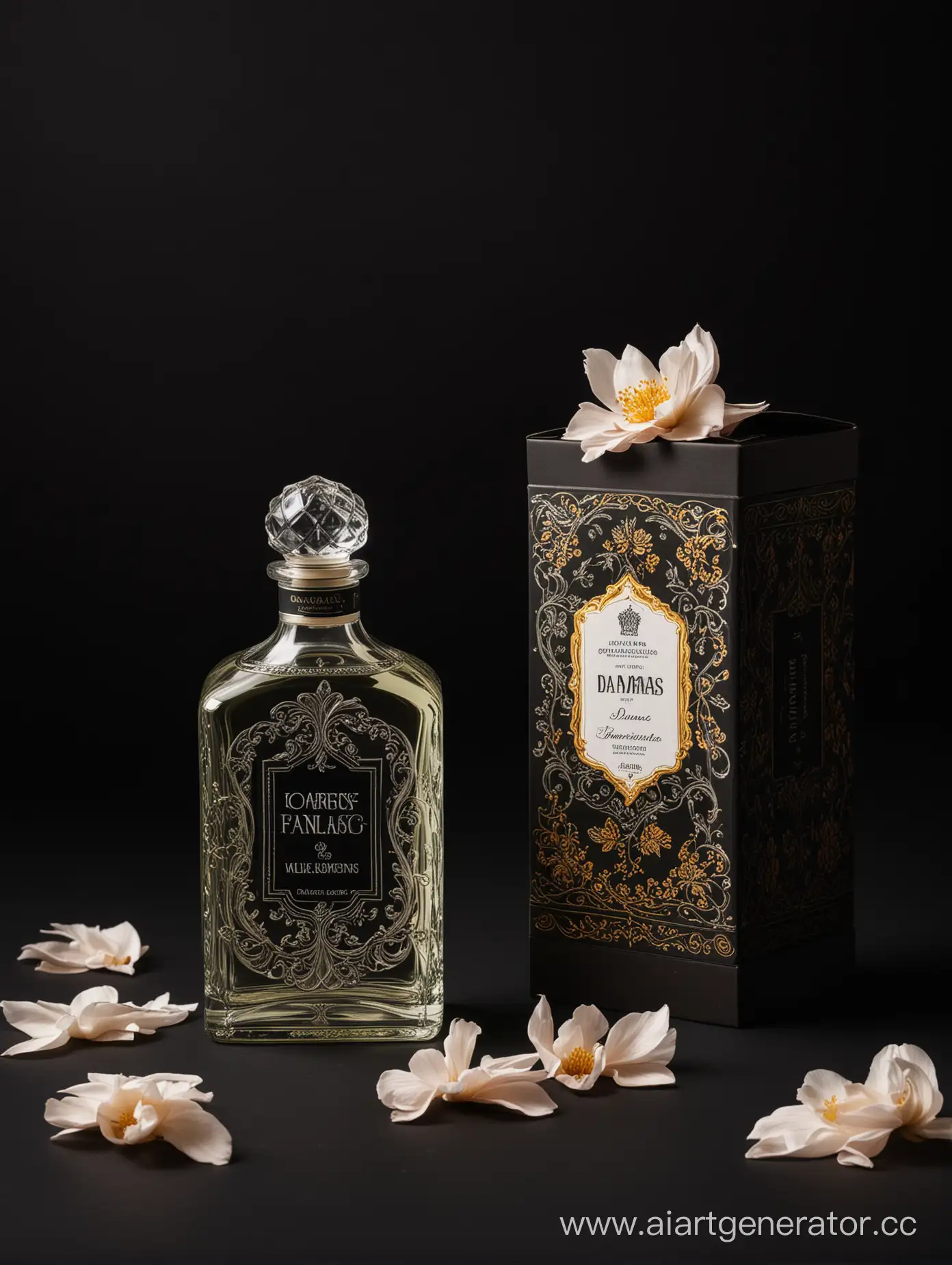 Damas-Cologne-Bottle-and-Demetrios-Farmakopoulos-Flemish-Baroque-Box-on-Black-Background
