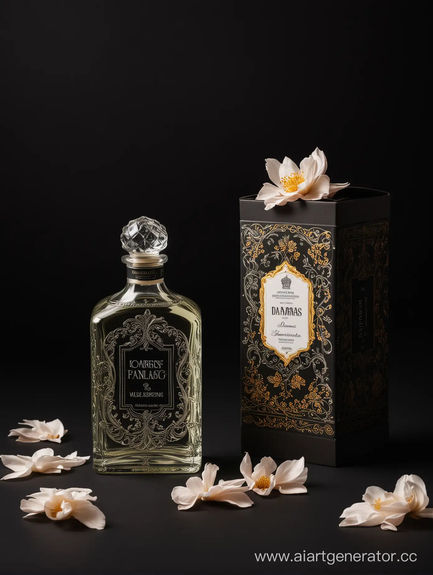 a bottle of damas cologne sitting next to a box, a flemish Baroque by Demetrios Farmakopoulos, instagram contest winner, dau-al-set, dynamic composition, contest winner, feminine
black background