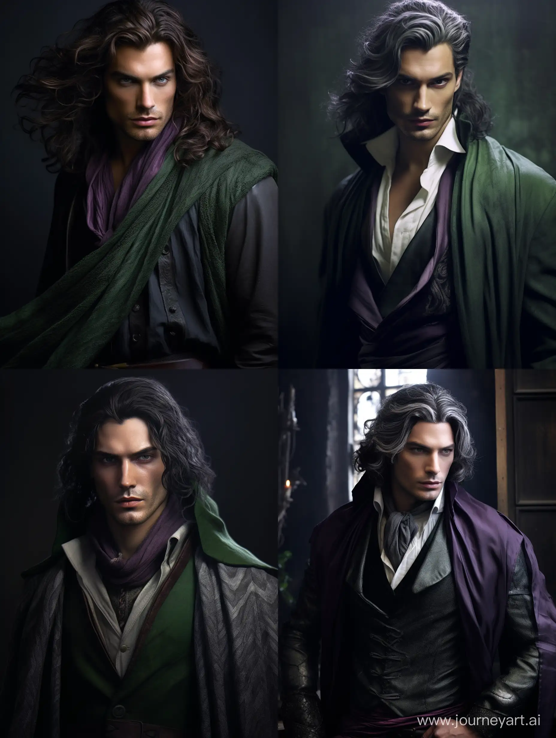 a tall attractive man mage with a minimal light renaissance dress, dark long hair and green and grey intimidating eyes,fully shaved face, purple scarf,silver fox