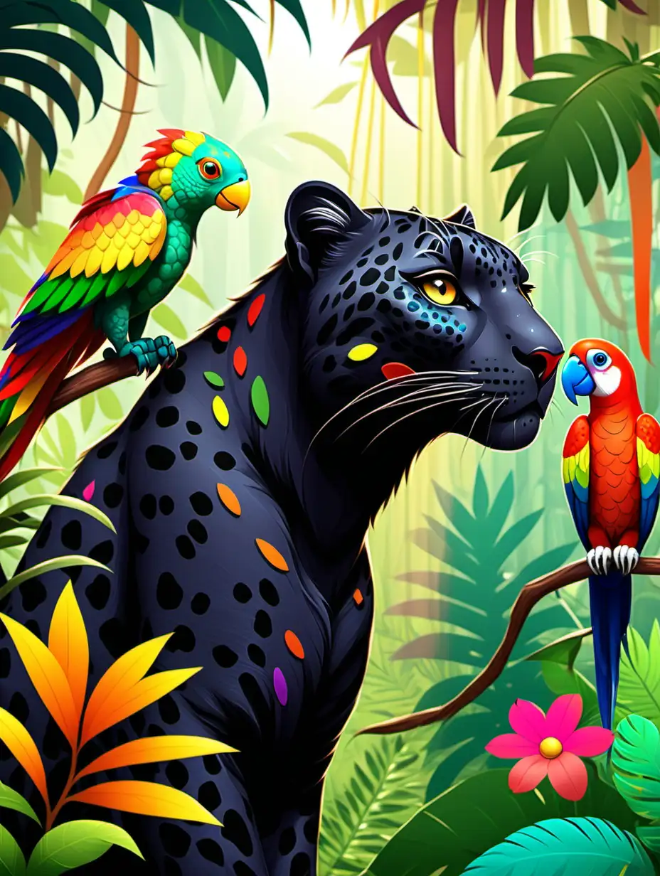 a kind female black leopard listening to a colourful parrot in the jungle (for children's book)