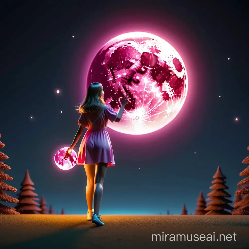 Minimal Realistic 3D Illustration of Girl Catching Pink Moon at Midnight