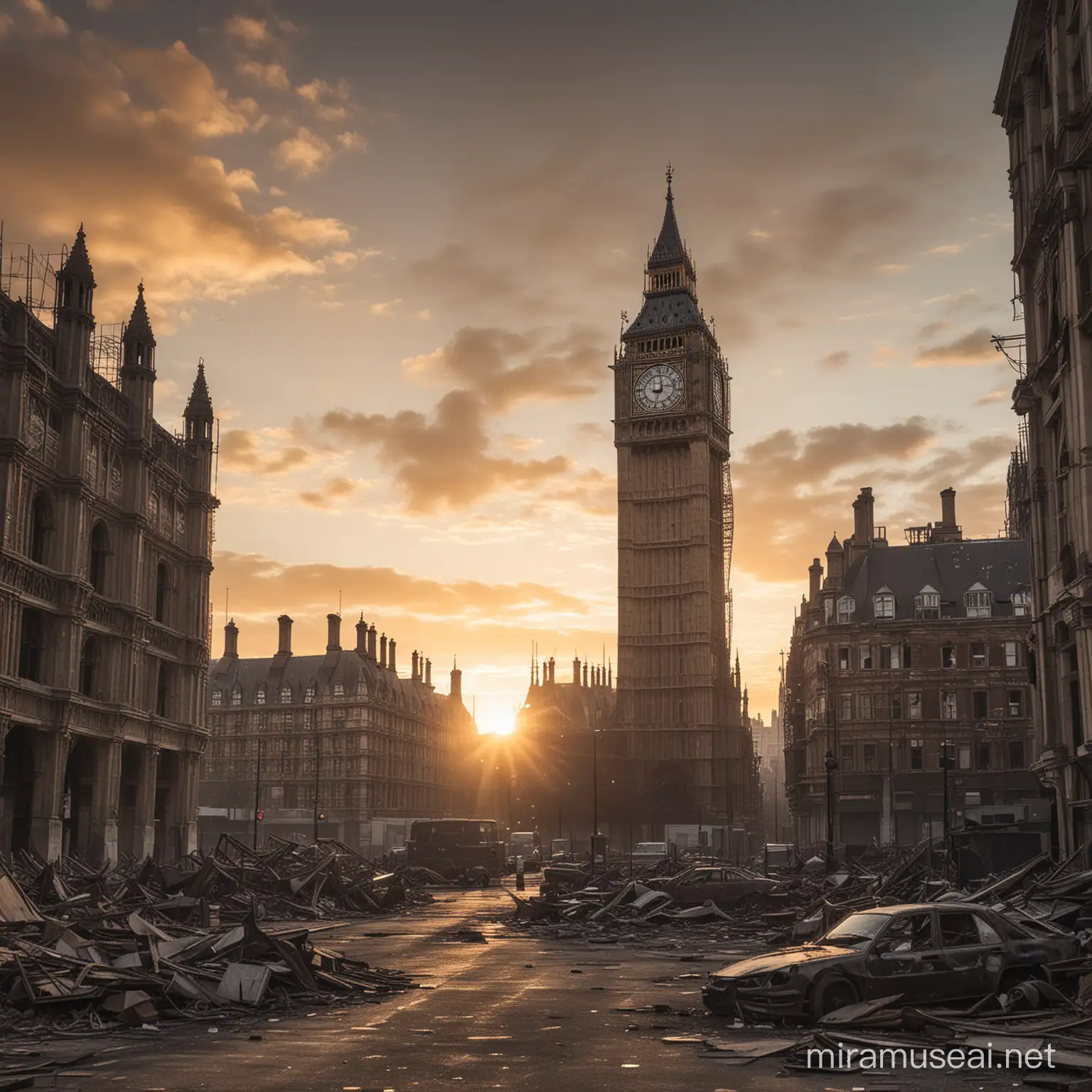 A wide angle skyline image of destroyed and decaying dystopian London, featuring landmarks, like big ben.
At sunset.