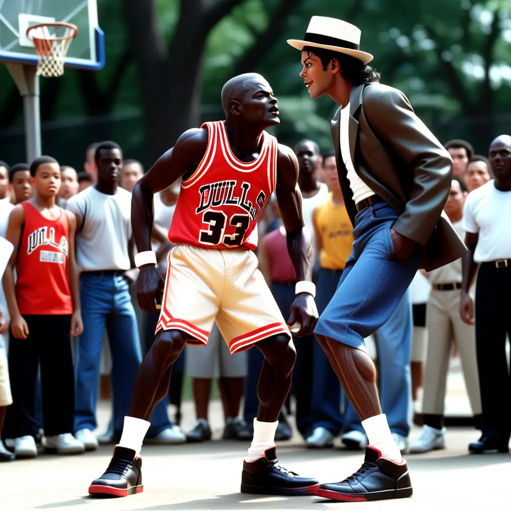 Michael Jackson slams on Michael Jordan in a high stakes playground game at Rucker park ultra realistic