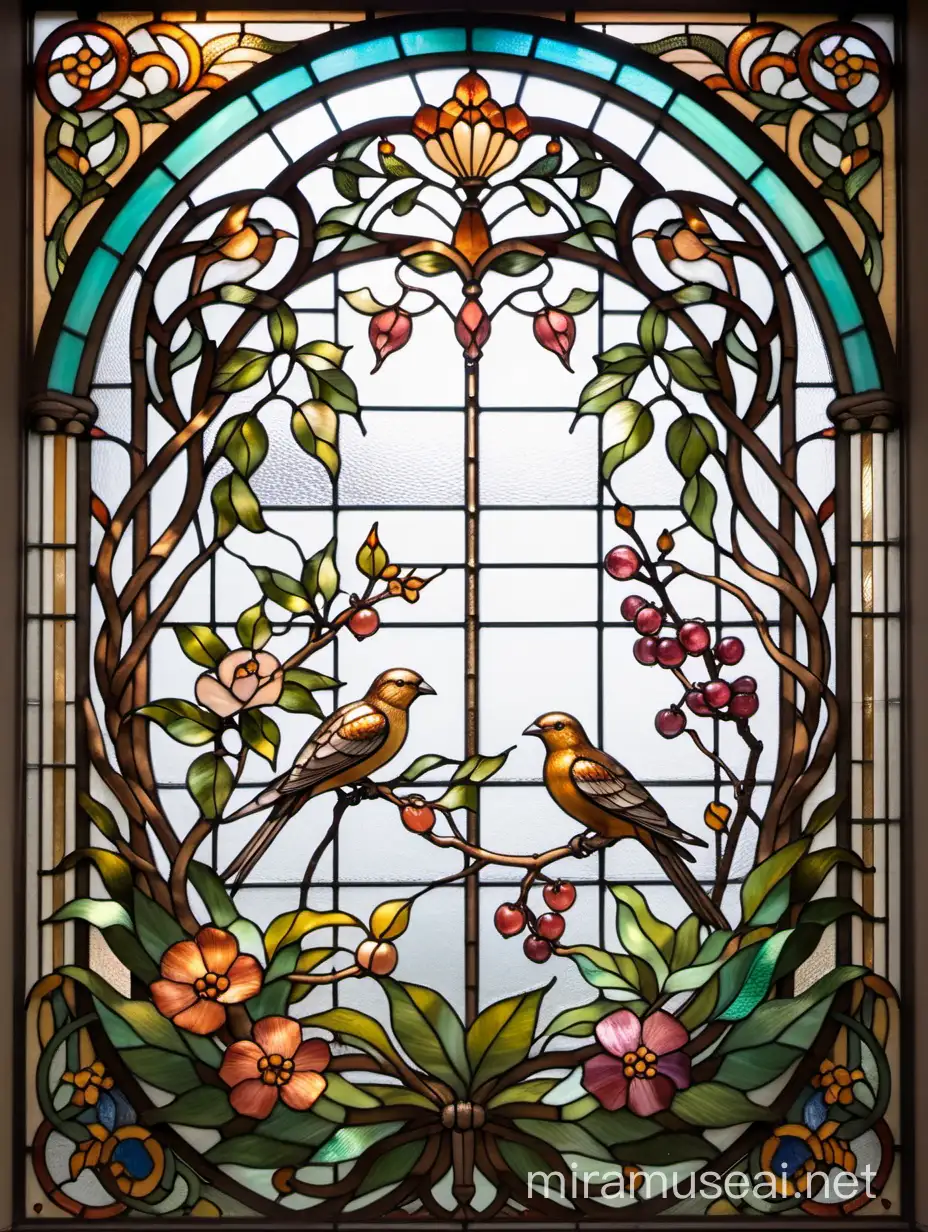 нужен эскиз витража из цветного стекла тиффани, с изображением цветов и три разноцветные птицы с красивыми хвостами сидят на ветках с фруктами