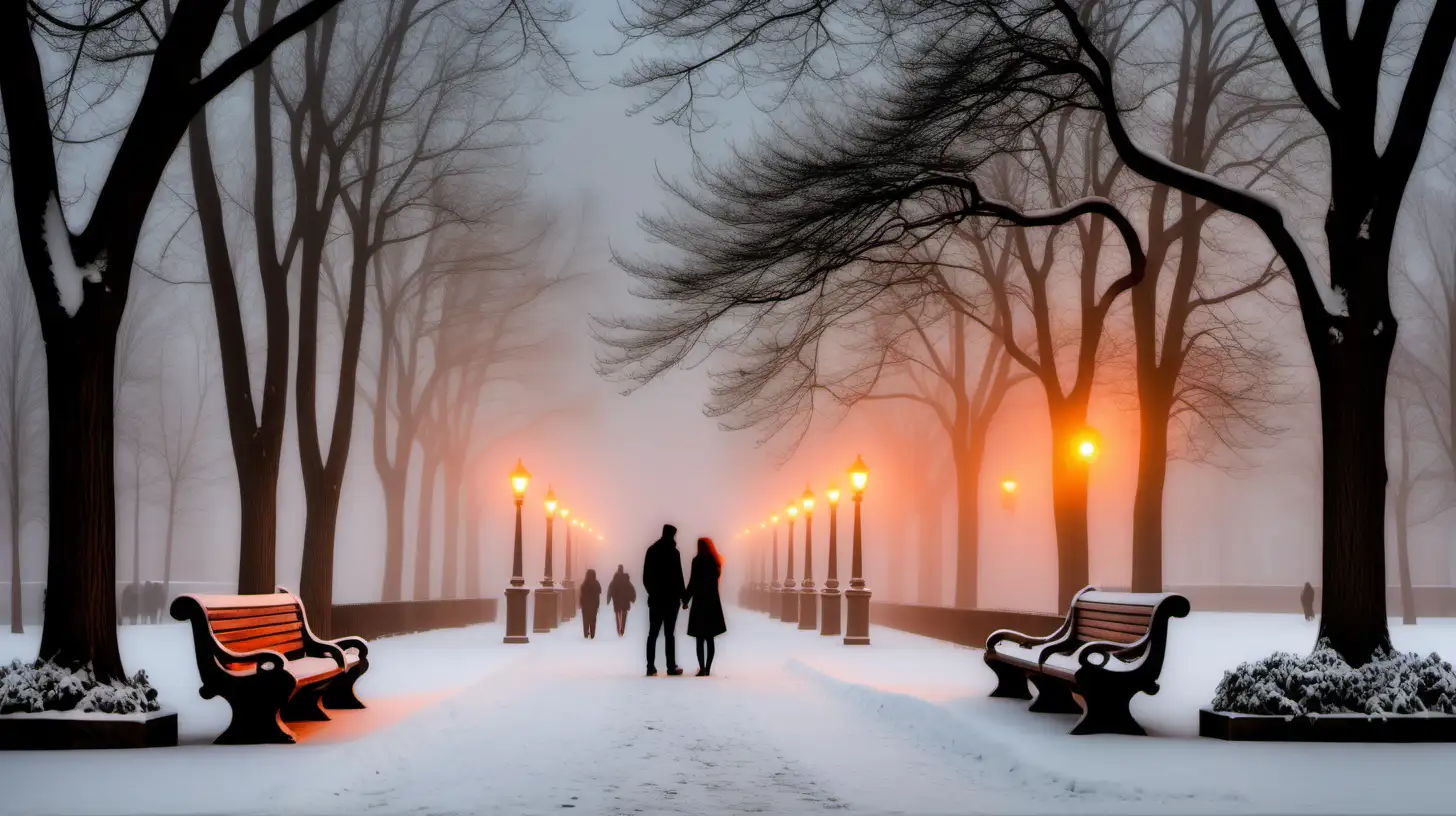 Fog in the park in the evening. The orange lights of the pillars give a mystical aura to the panoramic view of the park. Along the walkway, there are amazingly beautiful carved wooden benches. It is snowing and the snow glistens discreetly in the light of a fabulous moon that is barely visible through the thick fog. The silhouette of a couple in love can be seen somewhere in the background, discreetly, everything is light and color