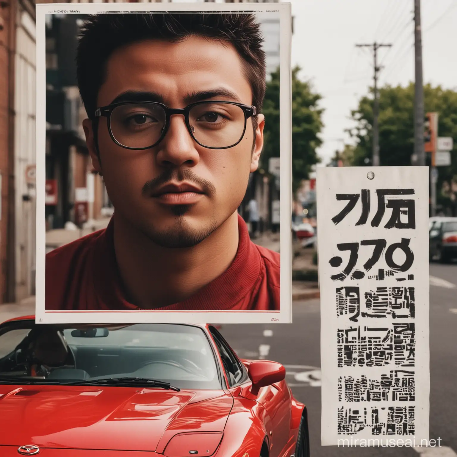 The image features a man with glasses. The content mentions "Nas" and "Illmatic." The tags include human face, poster, person, forehead, clothing, and glasses.Mazda RX-7,The image depicts a red sports car parked on a street.