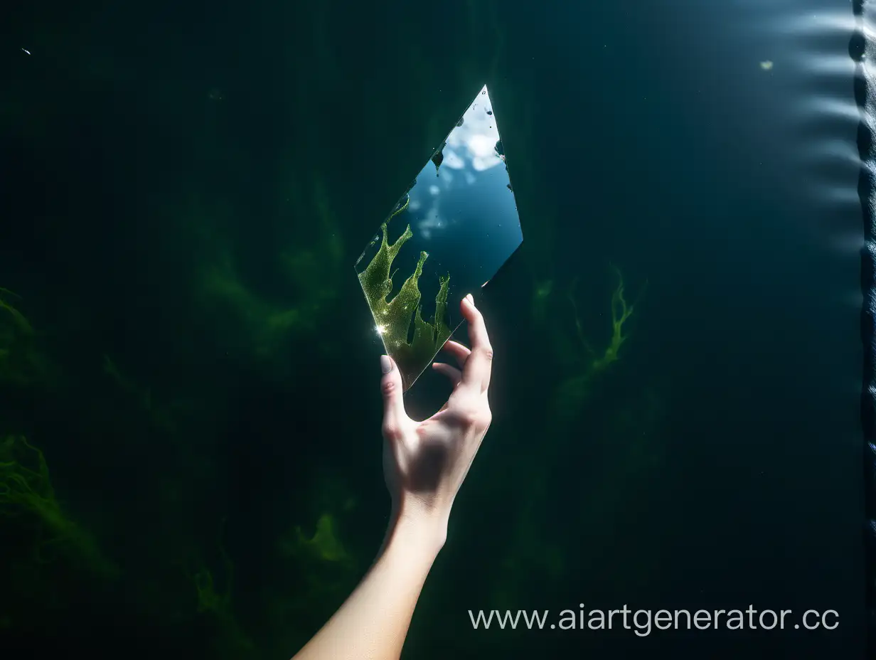 Reflection-of-Female-Hand-Holding-Mirror-Fragment-Underwater-with-Algae-and-Shadows