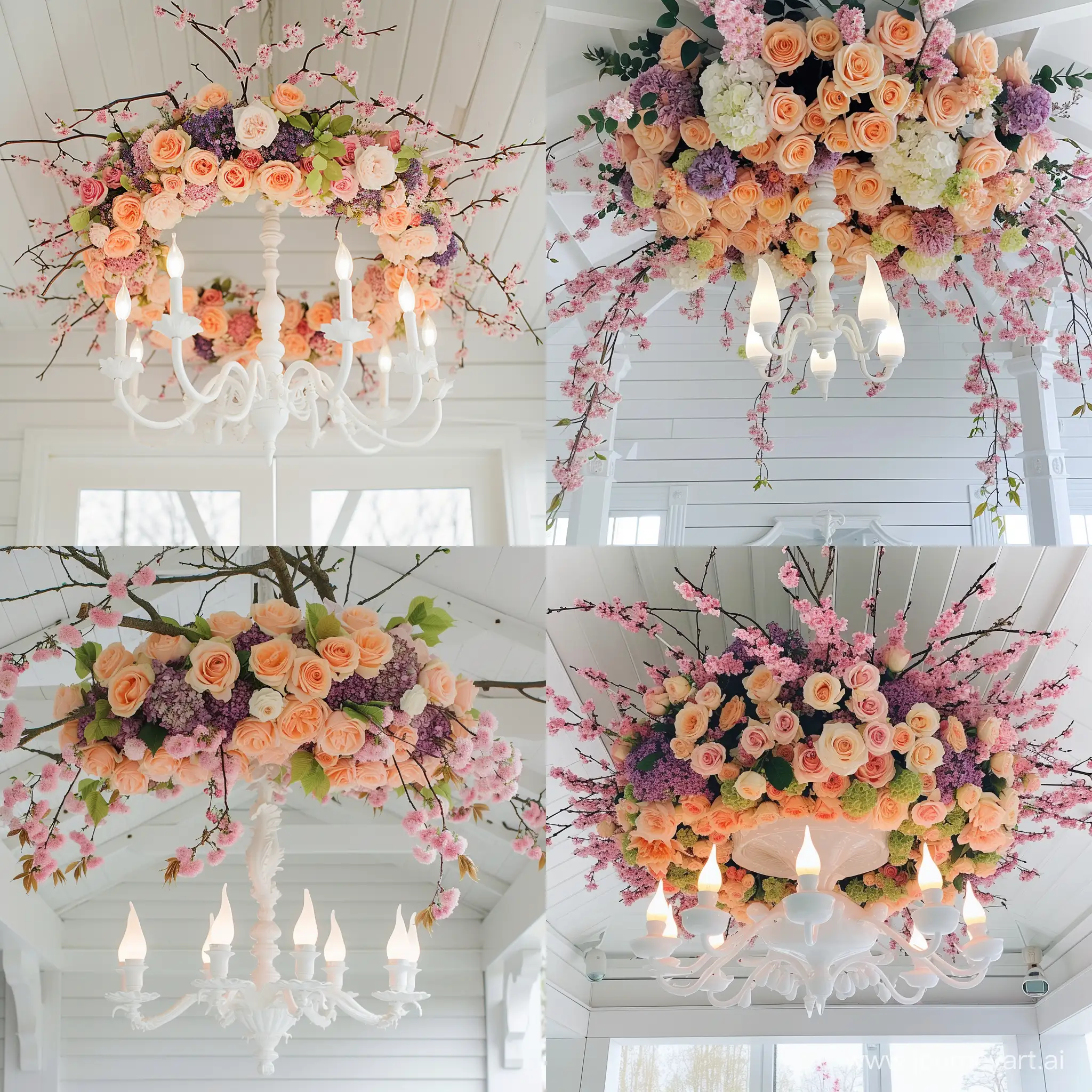 Show a white chandelier. above the chandelier are a thick layer of and LOTS of fresh flower in a circle. The flowers include peach colored garden roses, pink david austin roses, purple hydrangeas, and branching out are pink cherry blossoms twigs covered in blossoms. The chandelier has white flame shaped bulbs that are on and the room is very bright and airy. You DO NOT see the floor in this image. In this region please ADD LOTS of pink Cherry blossoms to these branches the branches are covered with pink blossoms and a few lime green leaves! place it hanging from the ceiling on a white wooden porch on a quaint white cottage, in flat style