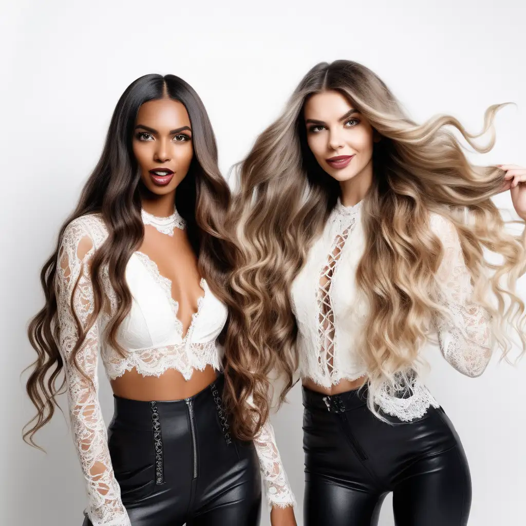 photoshoot with white background of two hair models being goofy, one with darker skin both with long dimensional balayage wavy hair wearing tendy lace and leather attire