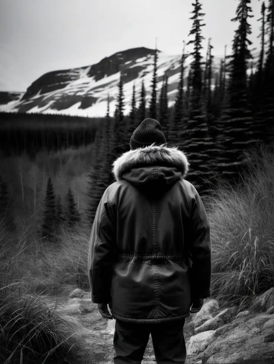 black and white canada wilderness man in wooly hat and parka standing with back moody