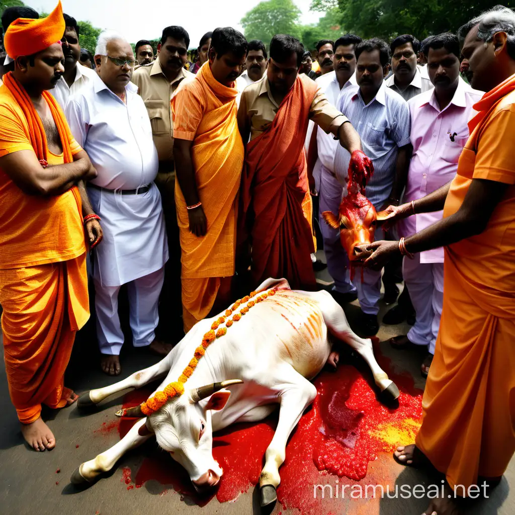 Hindu Priest Performing Sacred Ritual with Cow