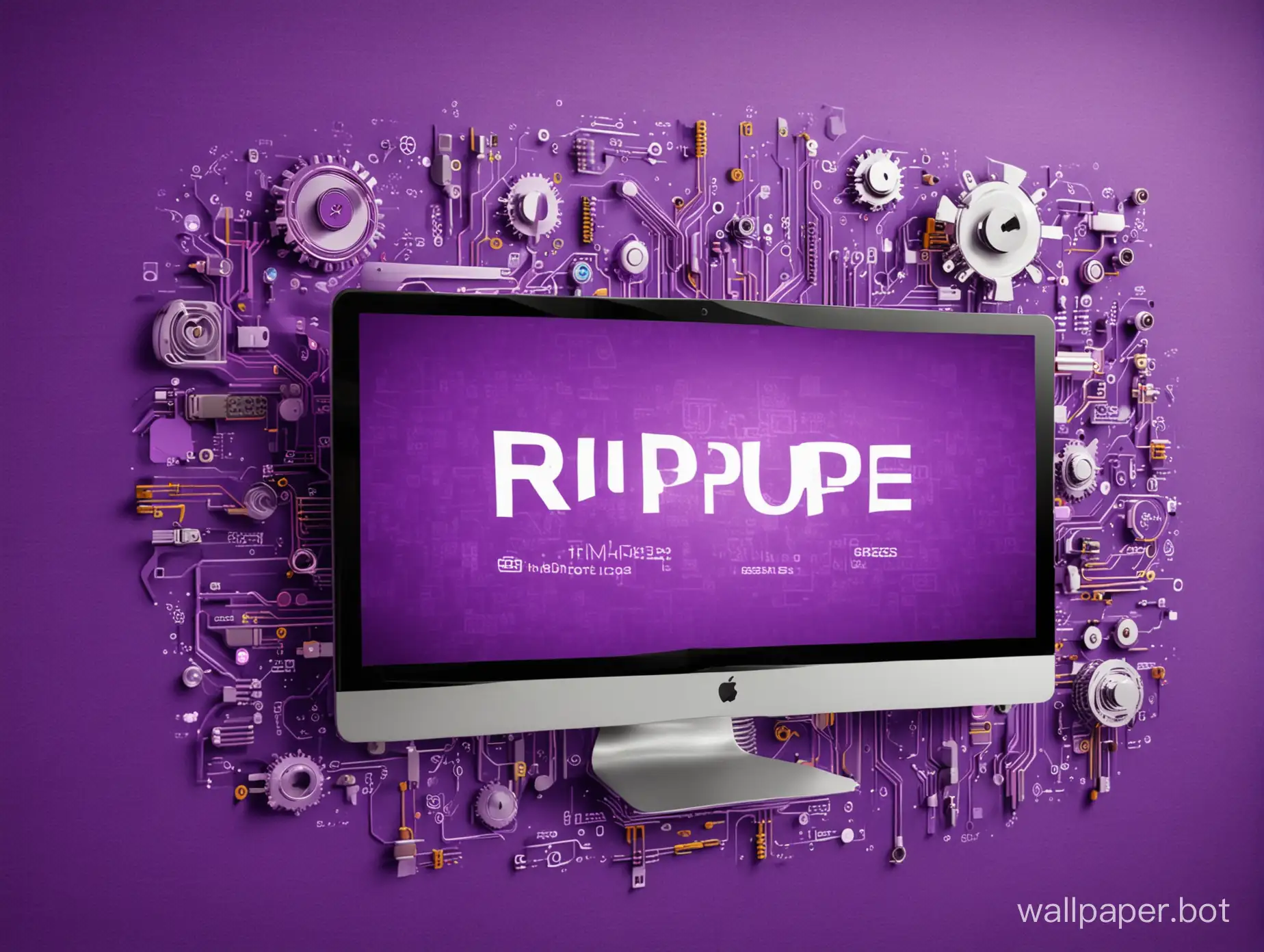 technology wall paper design with software and hardware with bright colours images with compny logo "Purple Technologies"
