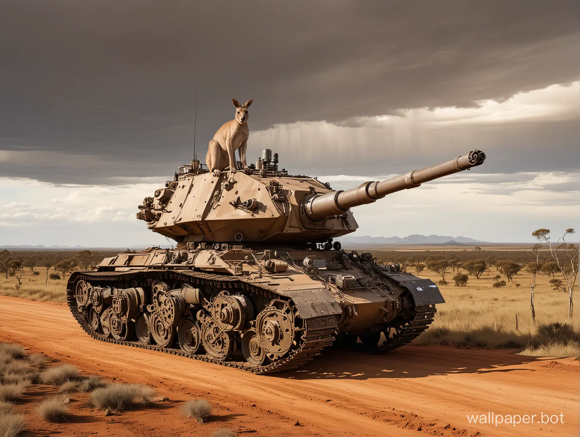 Tank-kangaroo with huge mechanical paws and a long tail against the backdrop of the Australian landscape.