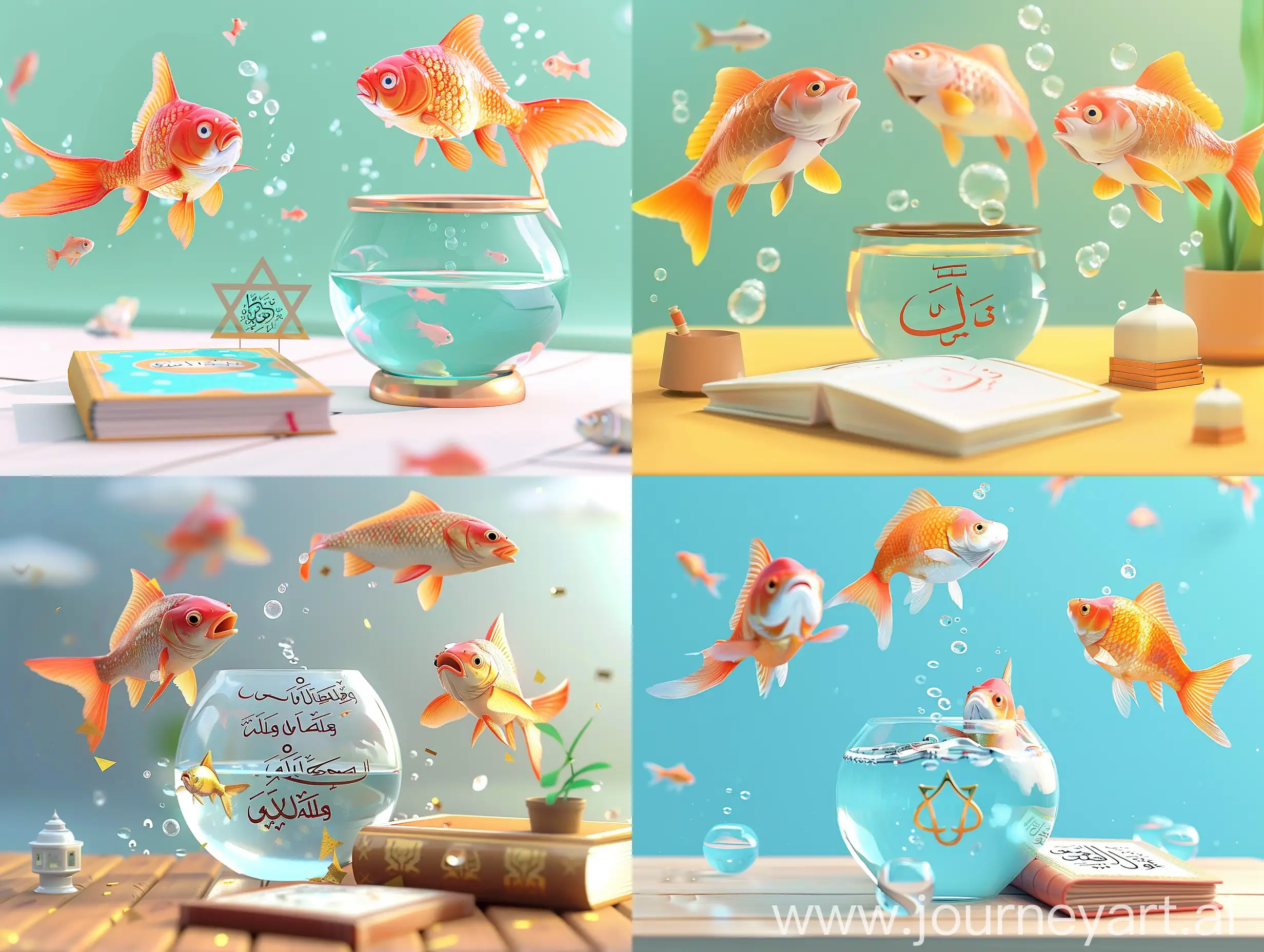 redfish jumping out of fish bowl in haft sin 3d cartoon illustration. and there is a Quran in front of it and a Ramadan symbol .