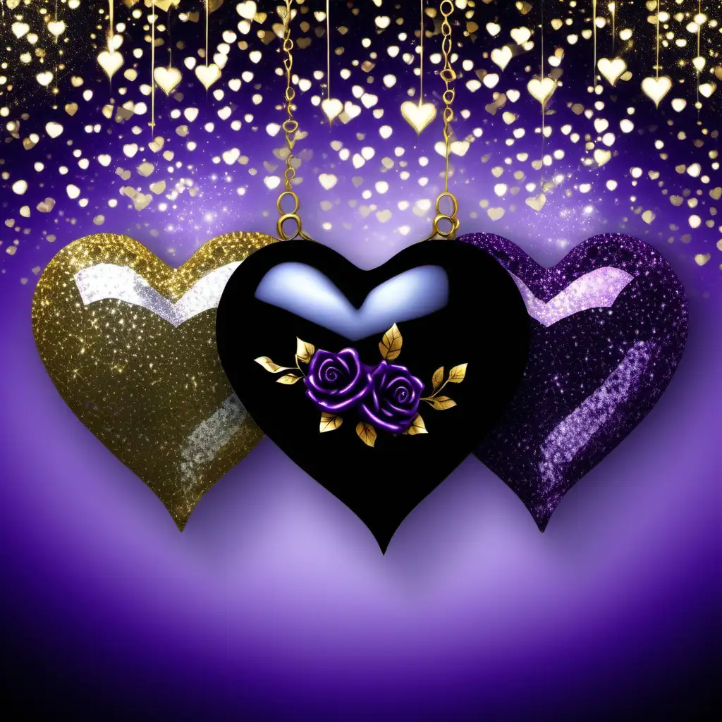 4 glittery hearts, in a wintery background, with a black rose sparkle, glowing, glittery, glistening, filigree, purple, black, white, gold