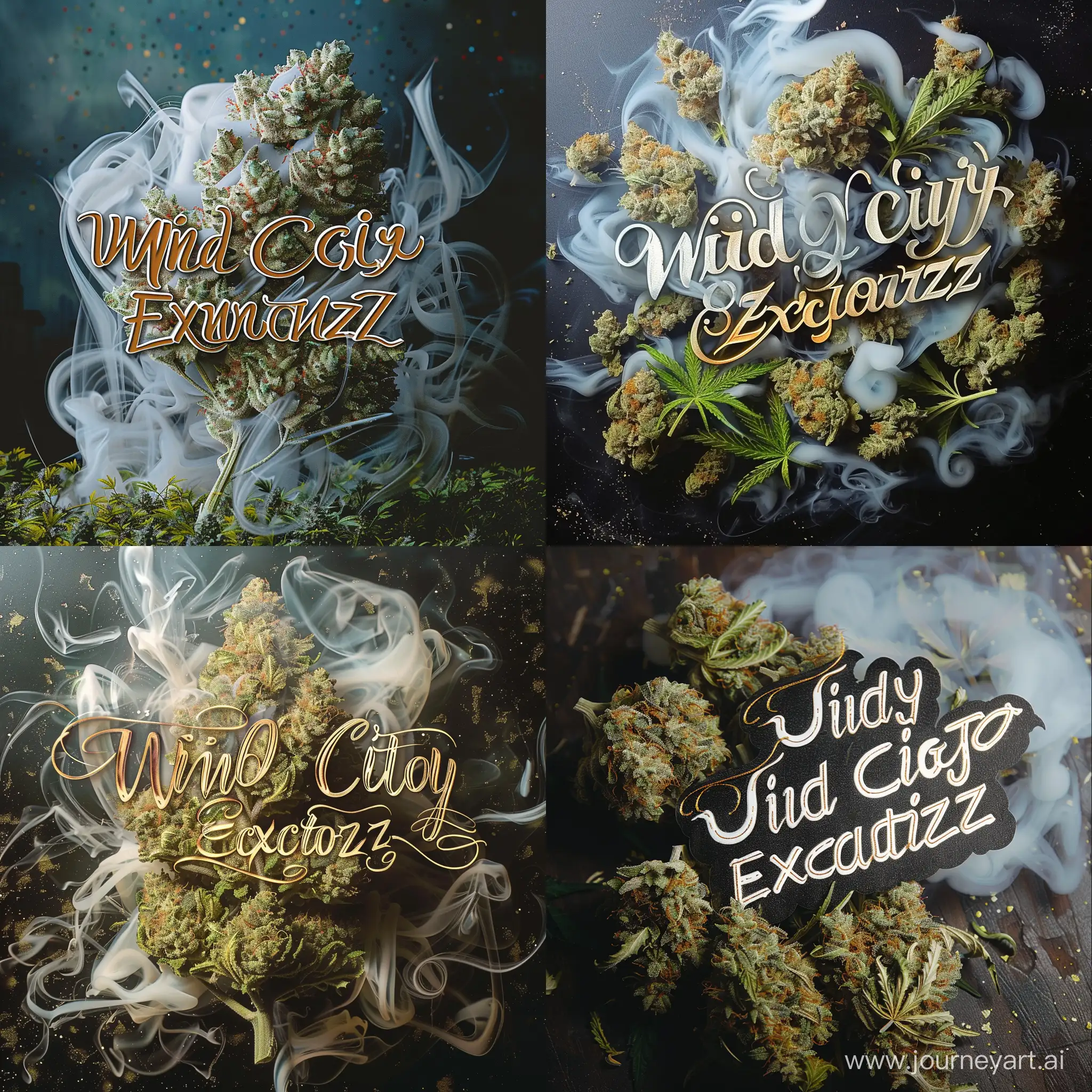 Hyper realism marijuana bud, fancy cursive calligraphy saying Windy City Exoticz, smokey psychedelic background