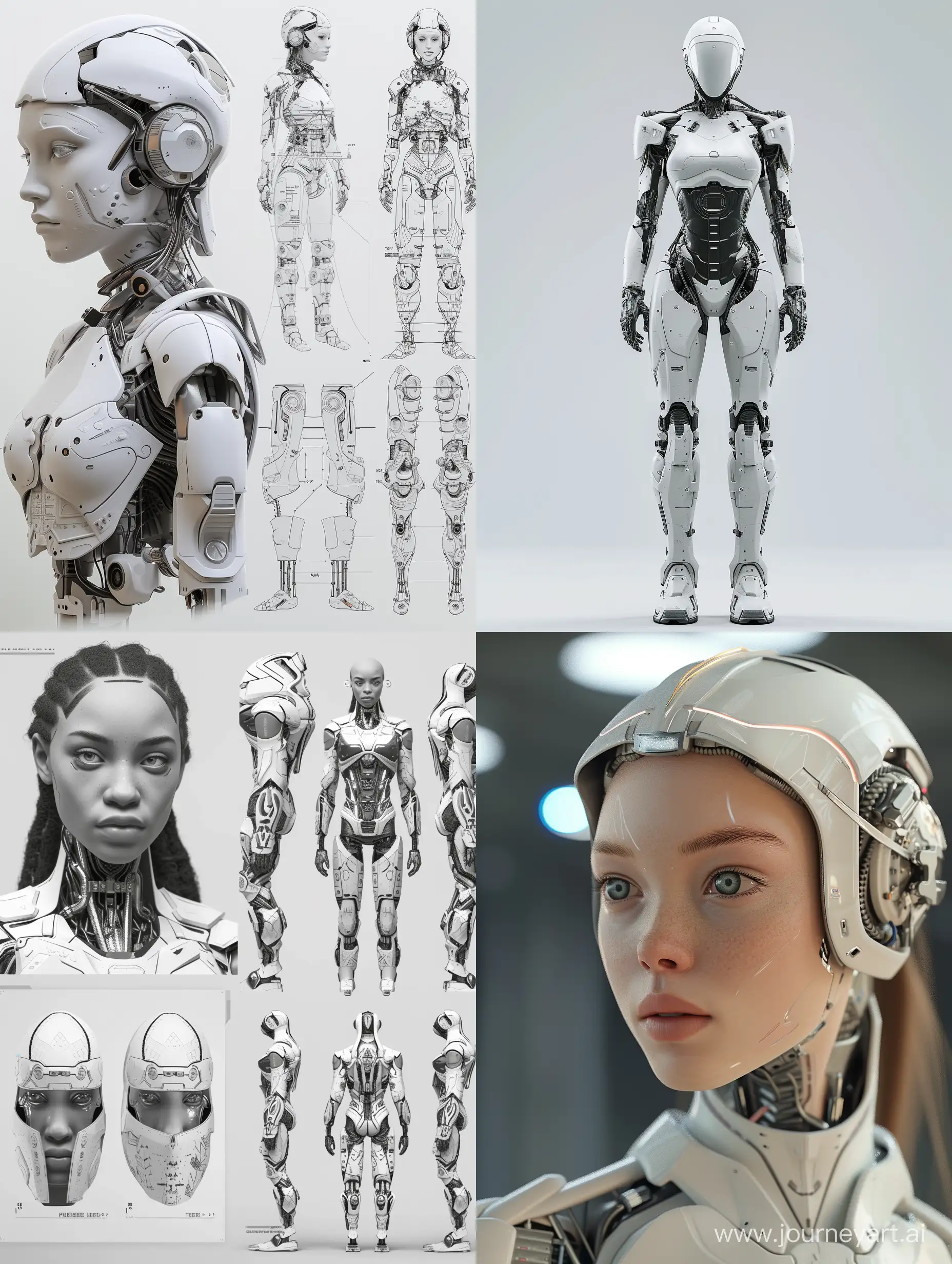 a female android, character sheet, 3d render illustration,