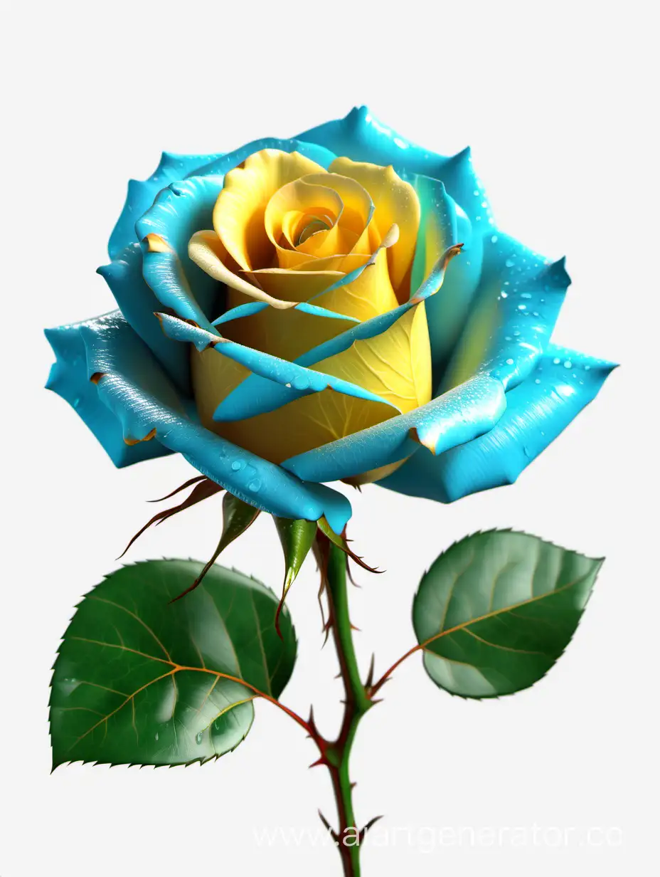 realistic sky blue yellow Rose 8k hd with fresh lush 2 green leaves on white background