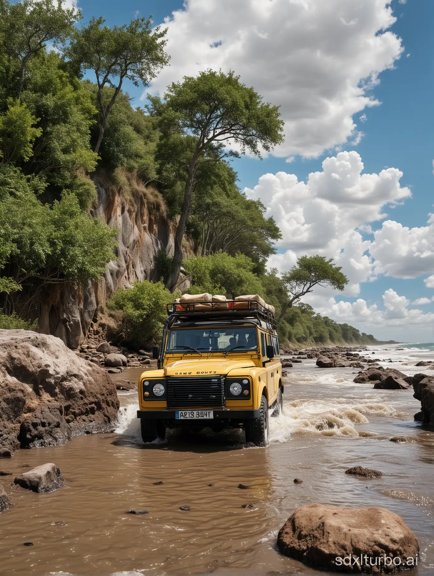 Imagine a yellow land Rover moving towards the sea. At the left and right is high huge rocks that many trees are at the top. Sky is blue with white cumulus clouds. A small river going on the ground towards the sea. Sunlight from the right. lots of details. High quality and contrast. Closeup portrait. Low Camera position.Mud splashing