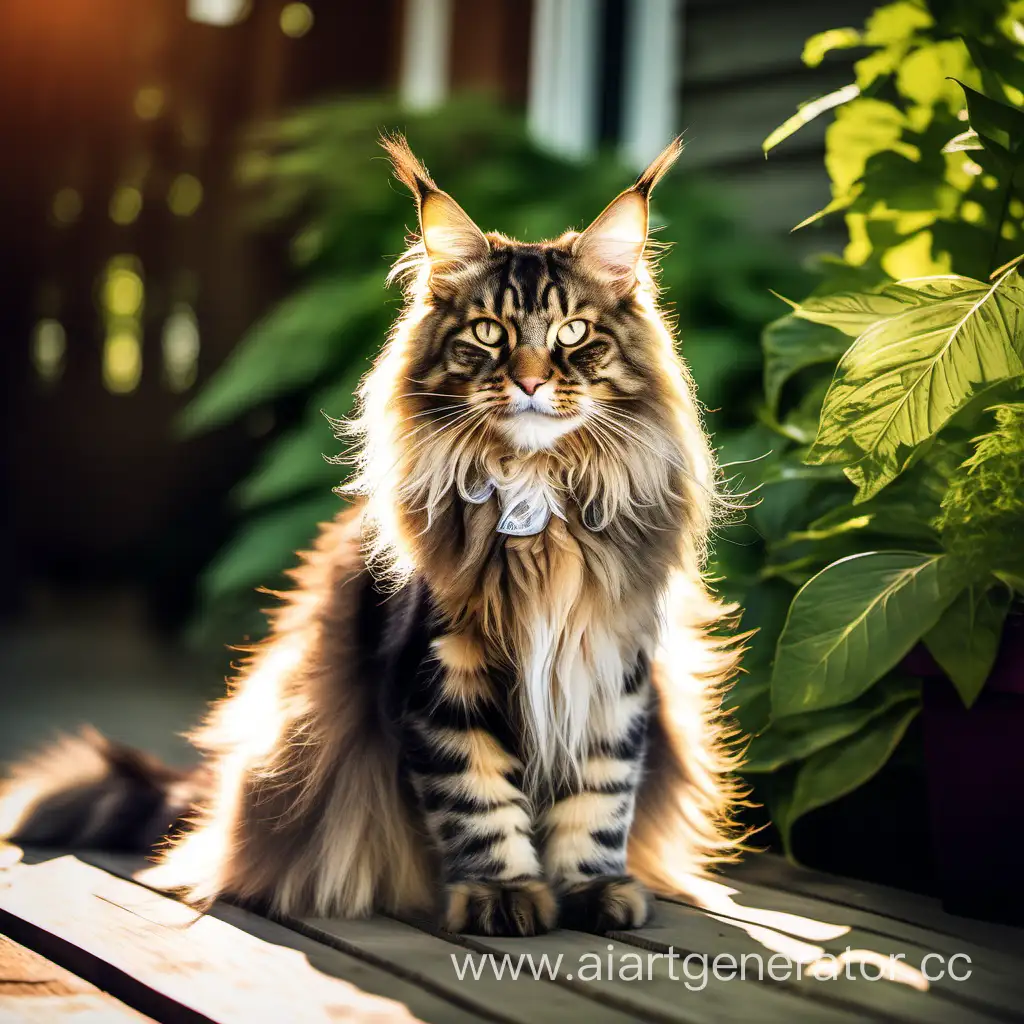 Stunning-Maine-Coon-Cat-on-Wooden-Porch-Amidst-Lush-Greenery