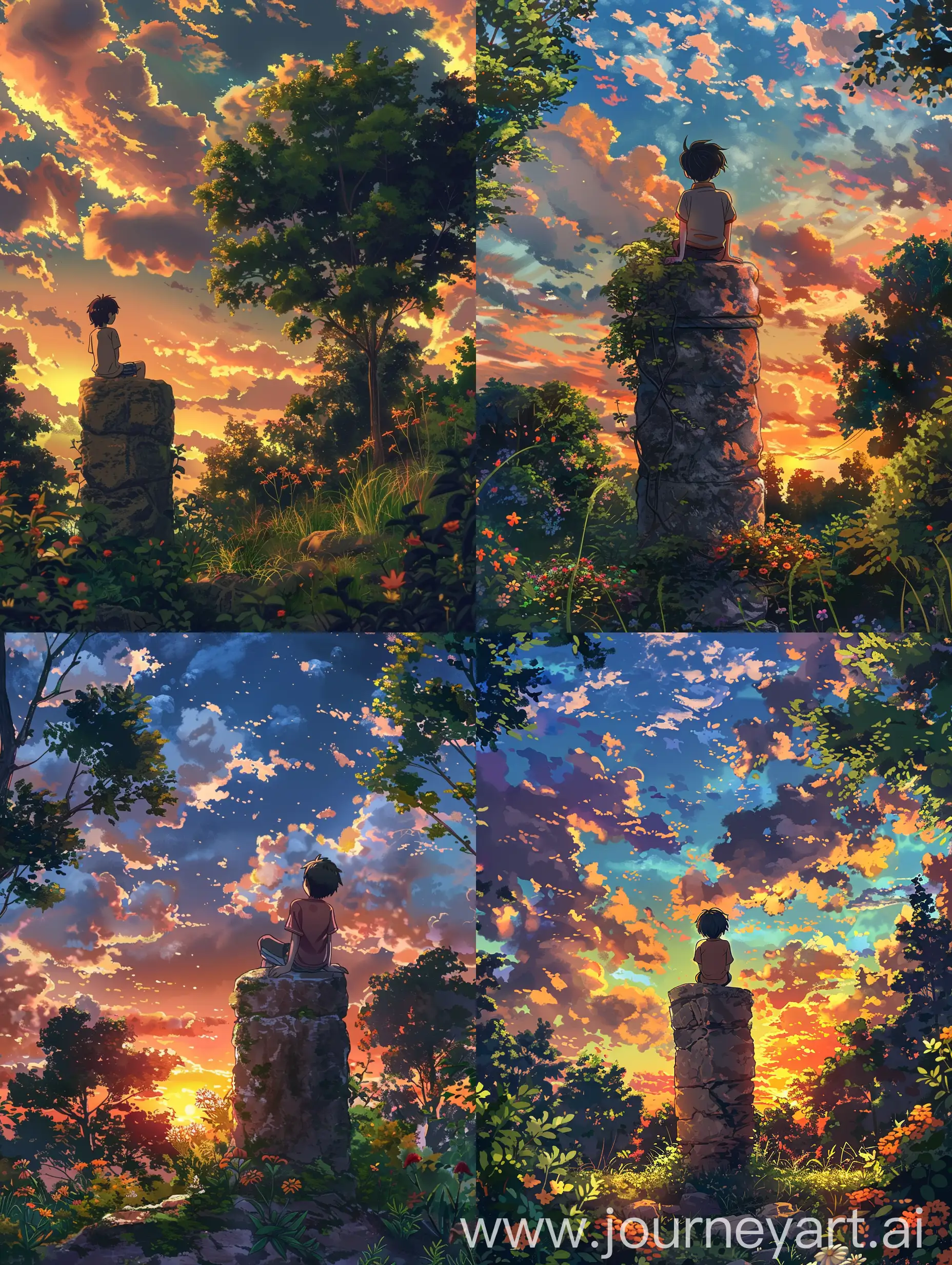 beautiful anime scenery,makato shinkai style,a boy sitting on a rock pillar and viewing sunset,around there are trees,a little bit of grass,some vibrant flowers alongside the pillar,beautiful sky,summers,fluffy clouds,back view,best view,avoid distorted view of the boy,avoid missing fingers.