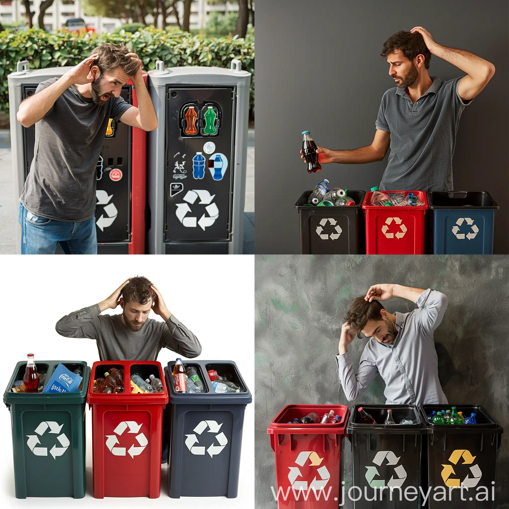 a men scratching his head because he doesnt know in  which of the 3 recycle trash bins he should throw his cola bottle