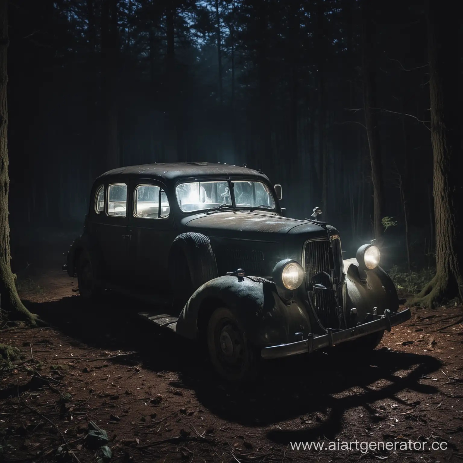  старый 
автомобиль с включёнными фарами в лесу ночью в который сдит человек 
